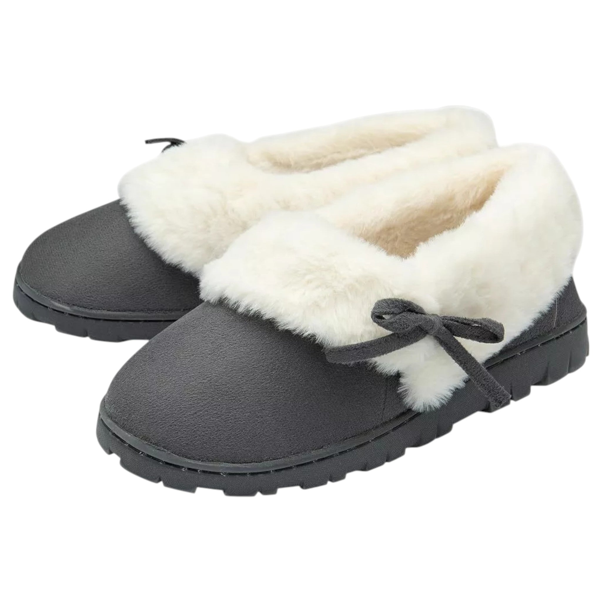 Women’s Dunlop slip-on slippers with bow detail and warm fleece lining in grey